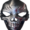 3D printed metallic skull mask with battle scars and red blood splatter details