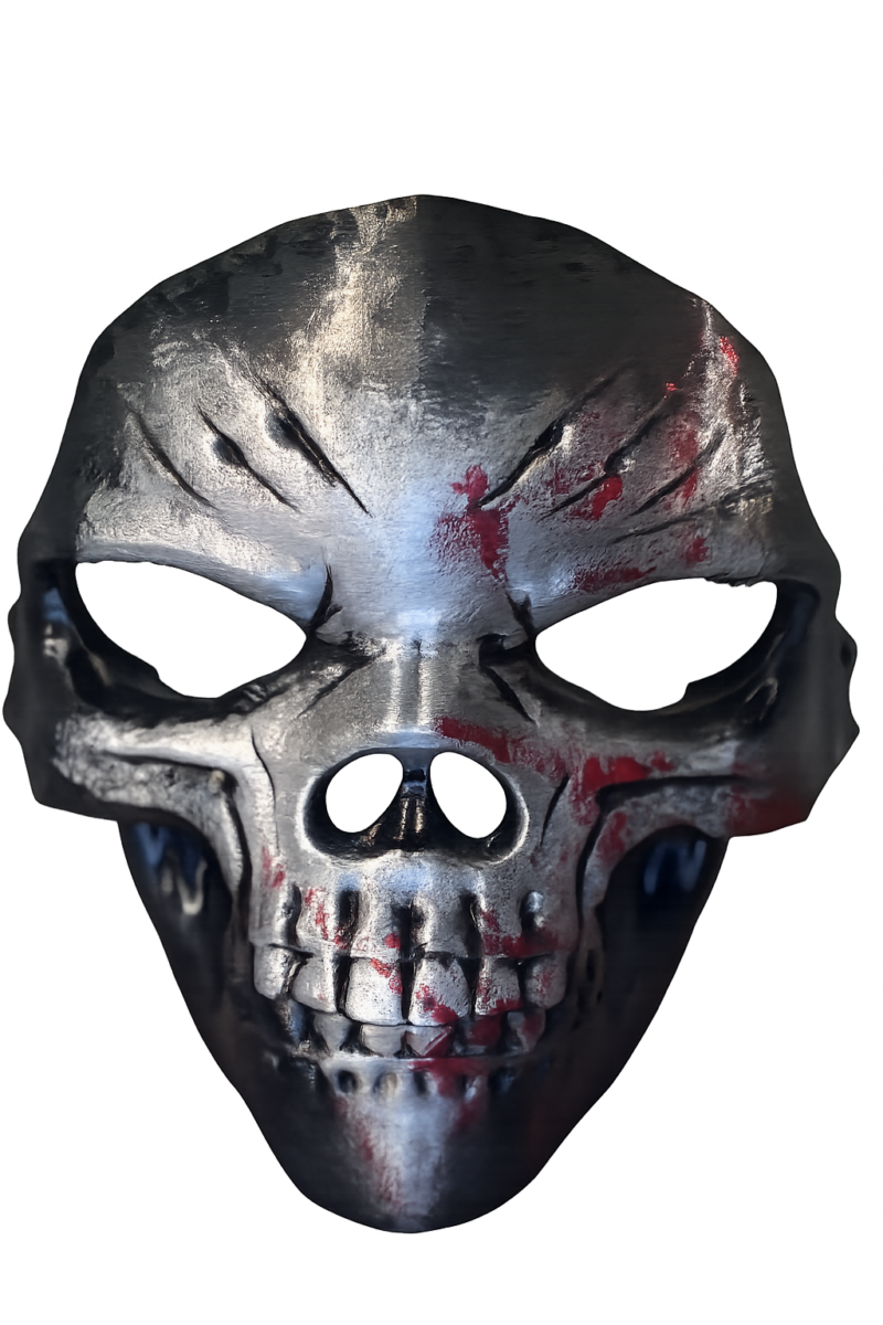 3D printed metallic skull mask with battle scars and red blood splatter details